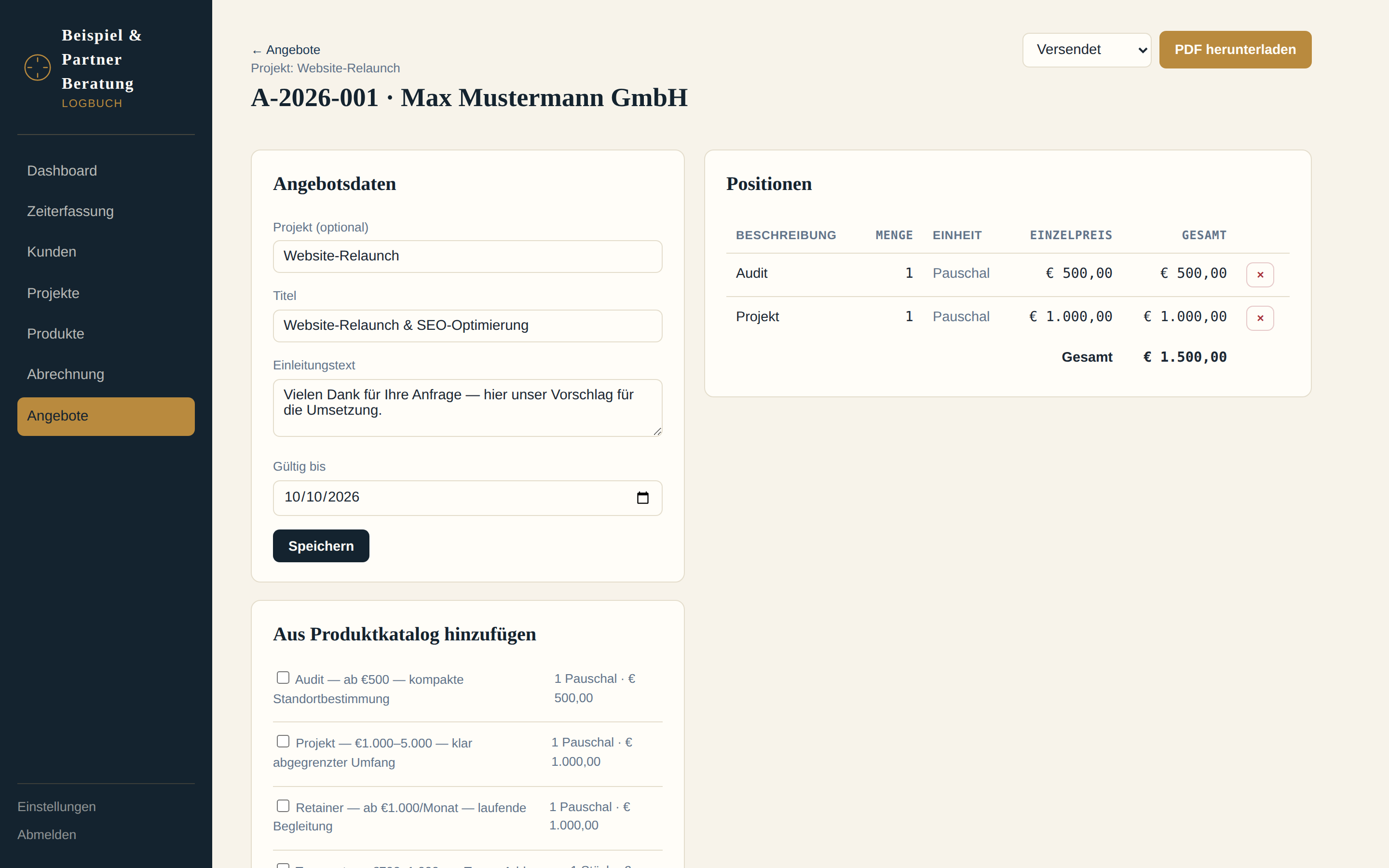 Angebotsdetail mit Positionen, Produktkatalog und Gesamtsumme