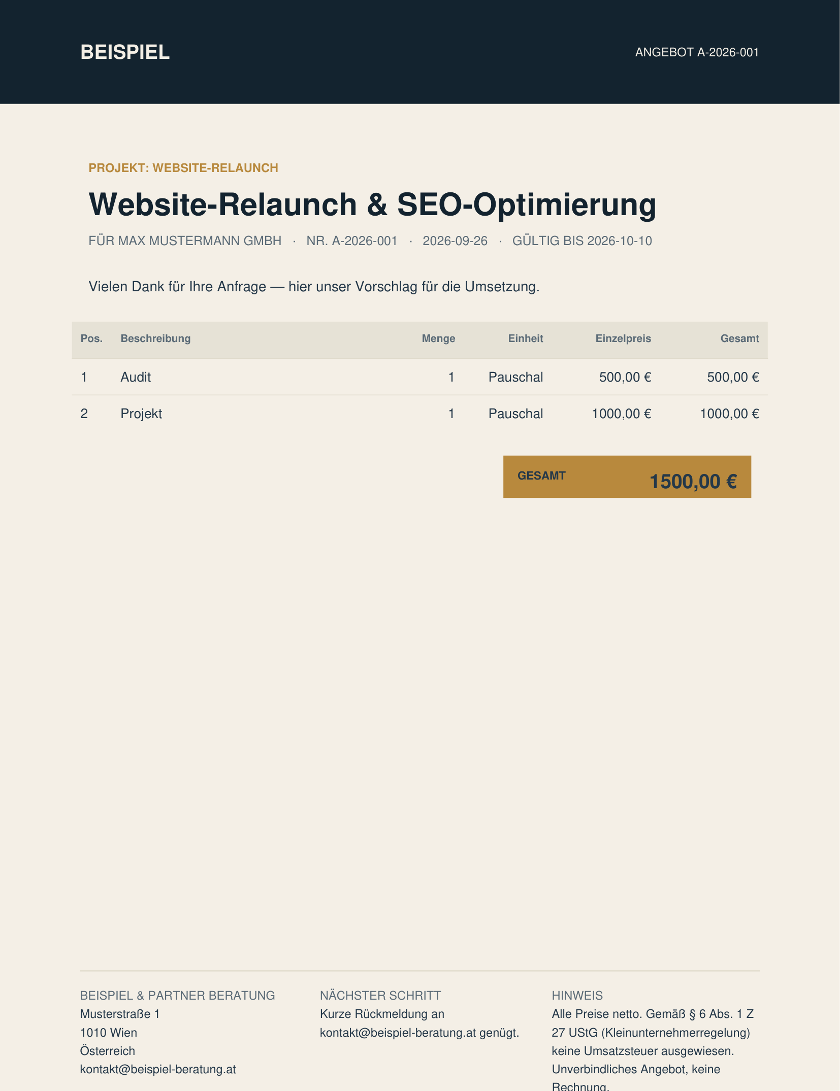 Exportiertes Angebots-PDF im Corporate Design mit Positionen und Gesamtsumme