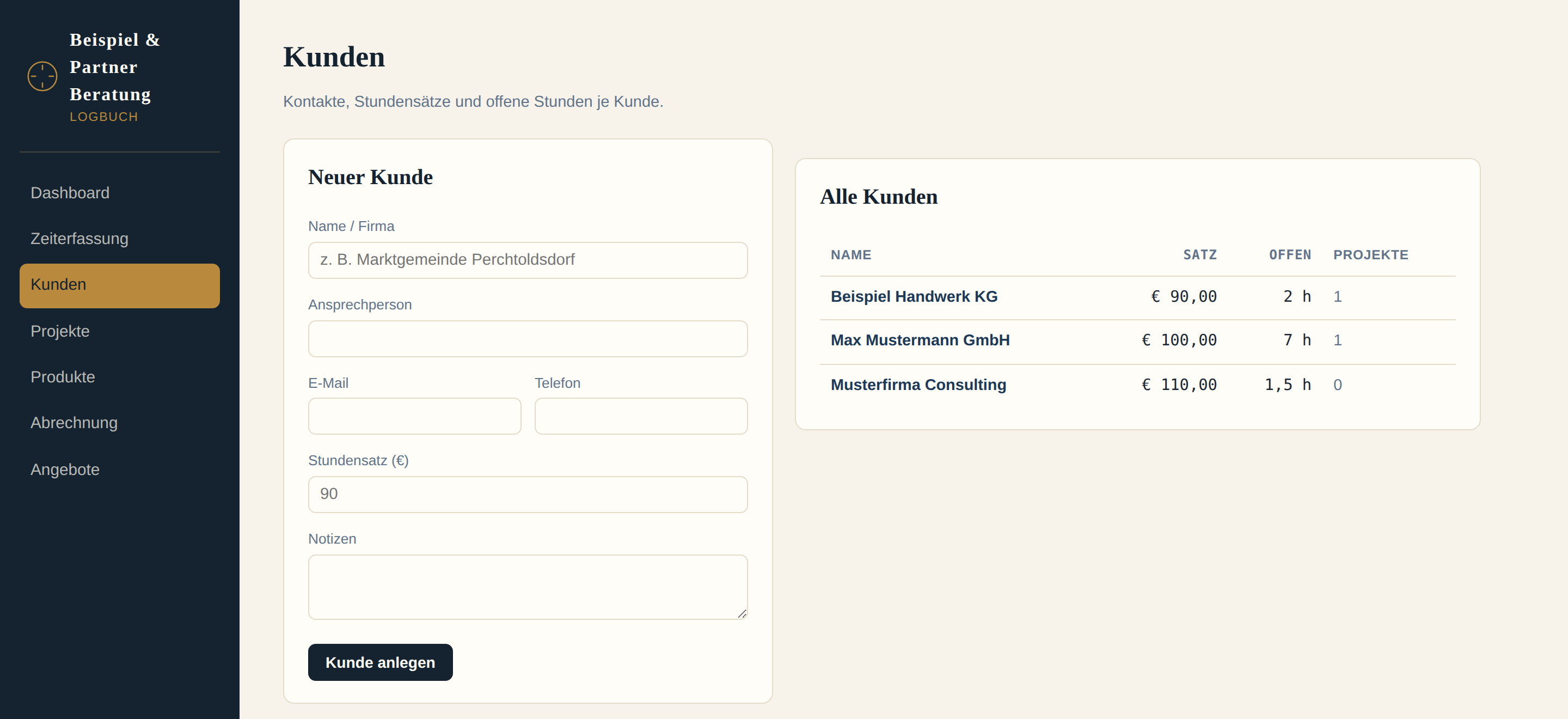 Kundenliste mit Stundensatz und offenen Stunden je Kund:in
