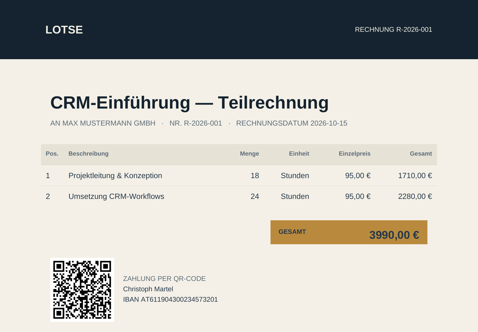 Rechnungs-PDF mit QR-Code für die Banküberweisung