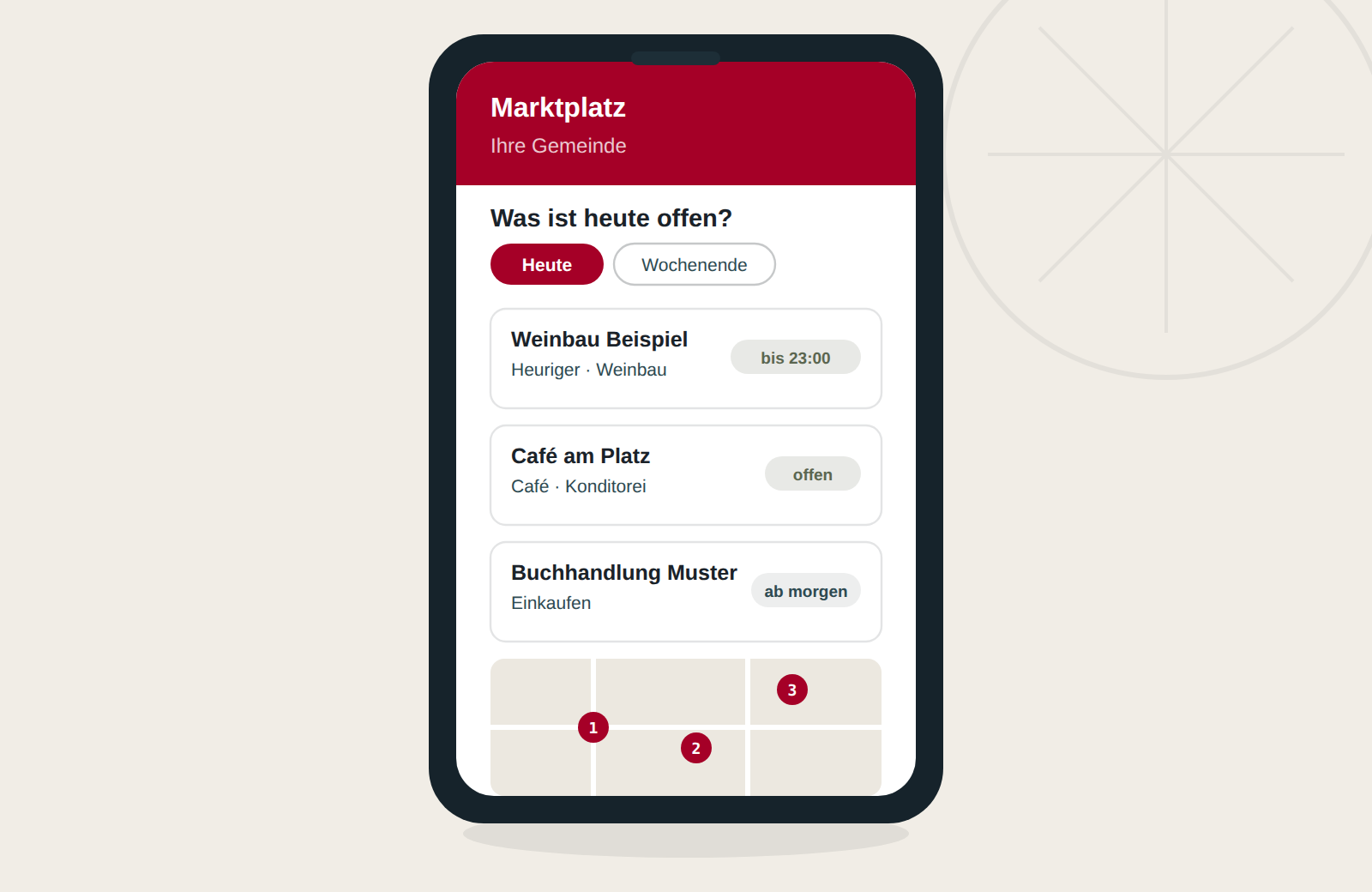 Telefon-Ansicht des Marktplatz für Gemeinden mit Liste der heute geöffneten Betriebe